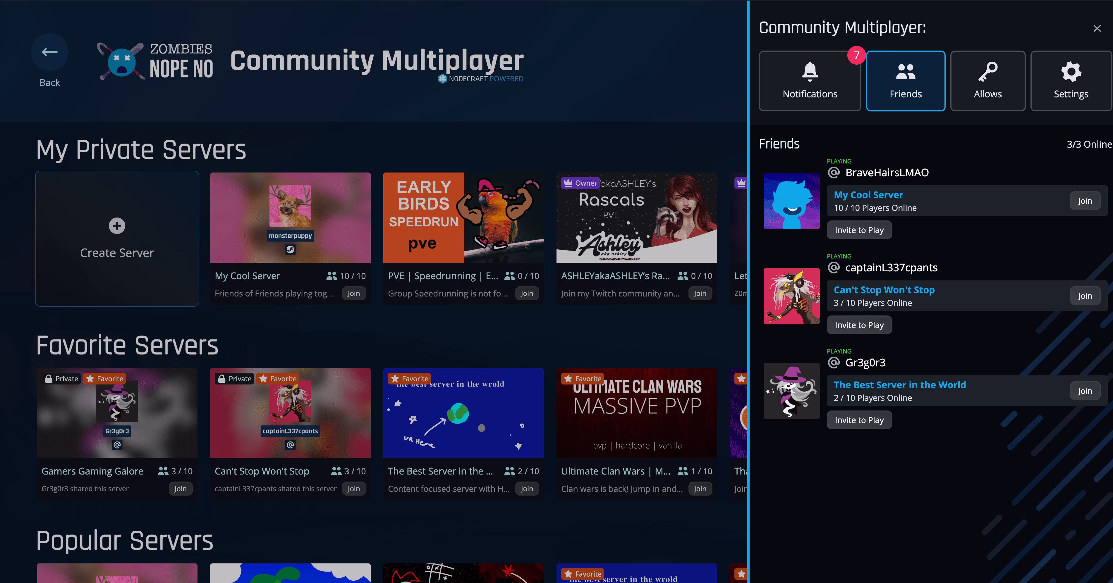 Example of a server browser with card-style layout, showing each server as a card with name, map, player count, ping, and tags