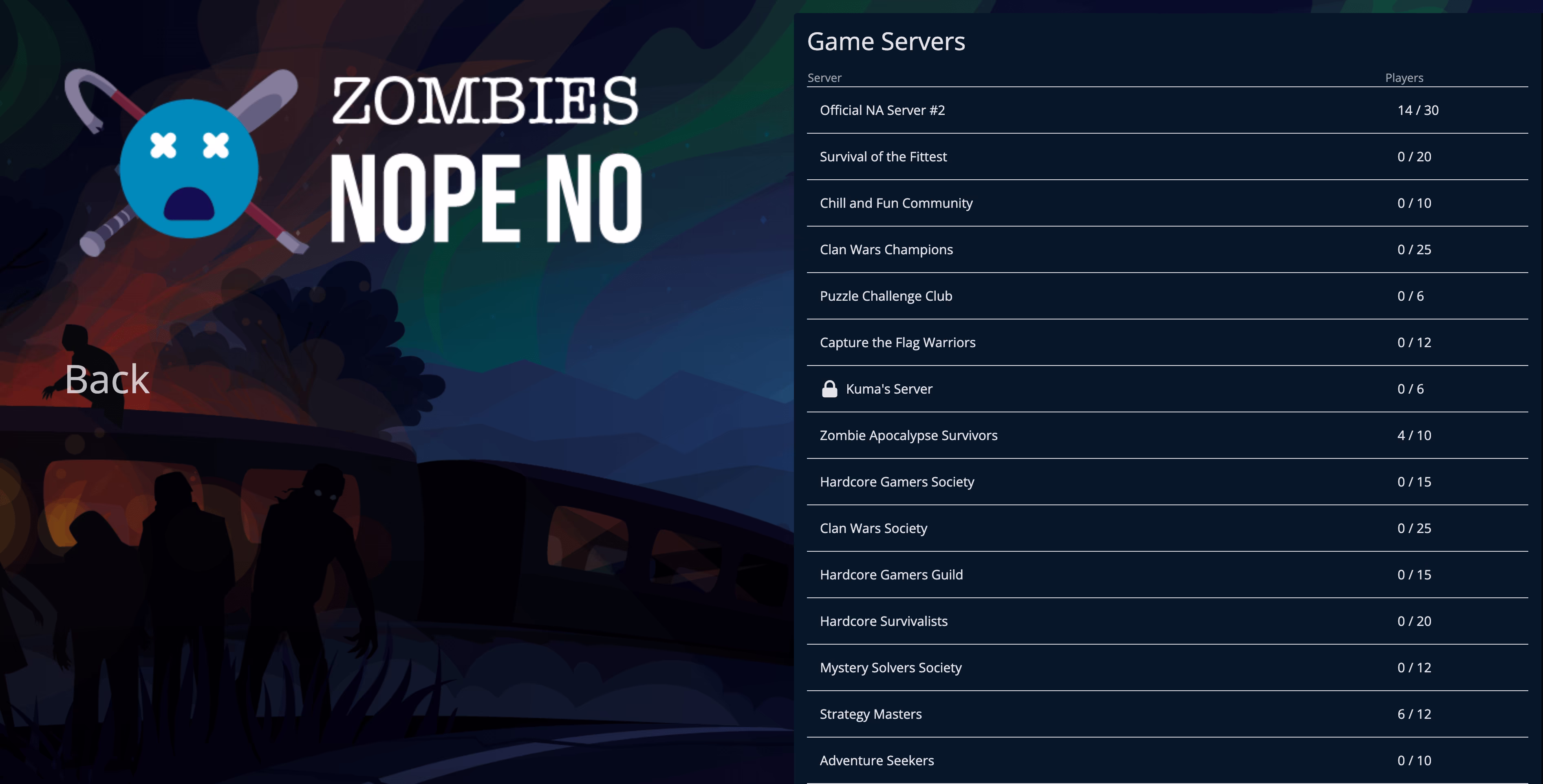 Example of a server browser with spreadsheet-style layout, showing columns for server name, map, player count, ping, and tags