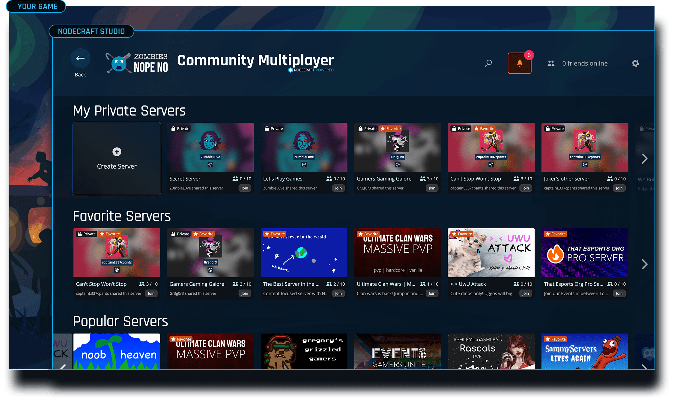 An overlayed multiplayer menu with Nodecraft Studio ui showing communitiy servers and game server hosting